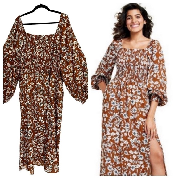nwt La Ligne Liberty Floral Smocked Bodice Maxi Dress Brown/White Size 4XL - Picture 1 of 12